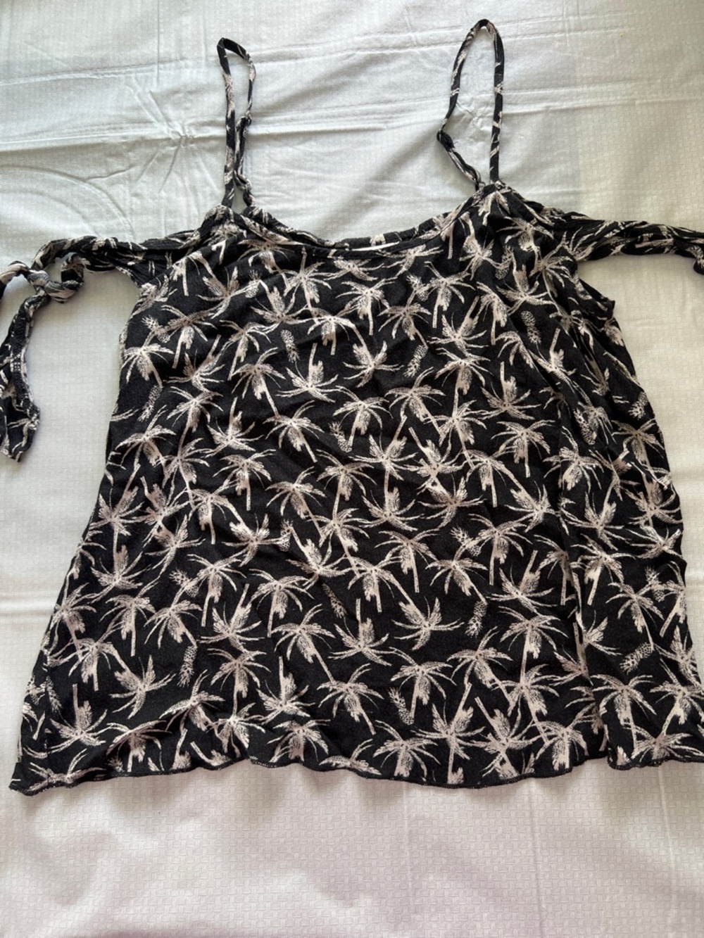 Black Palm-Print Spaghetti Strap with off the shoulder straps Women's Top